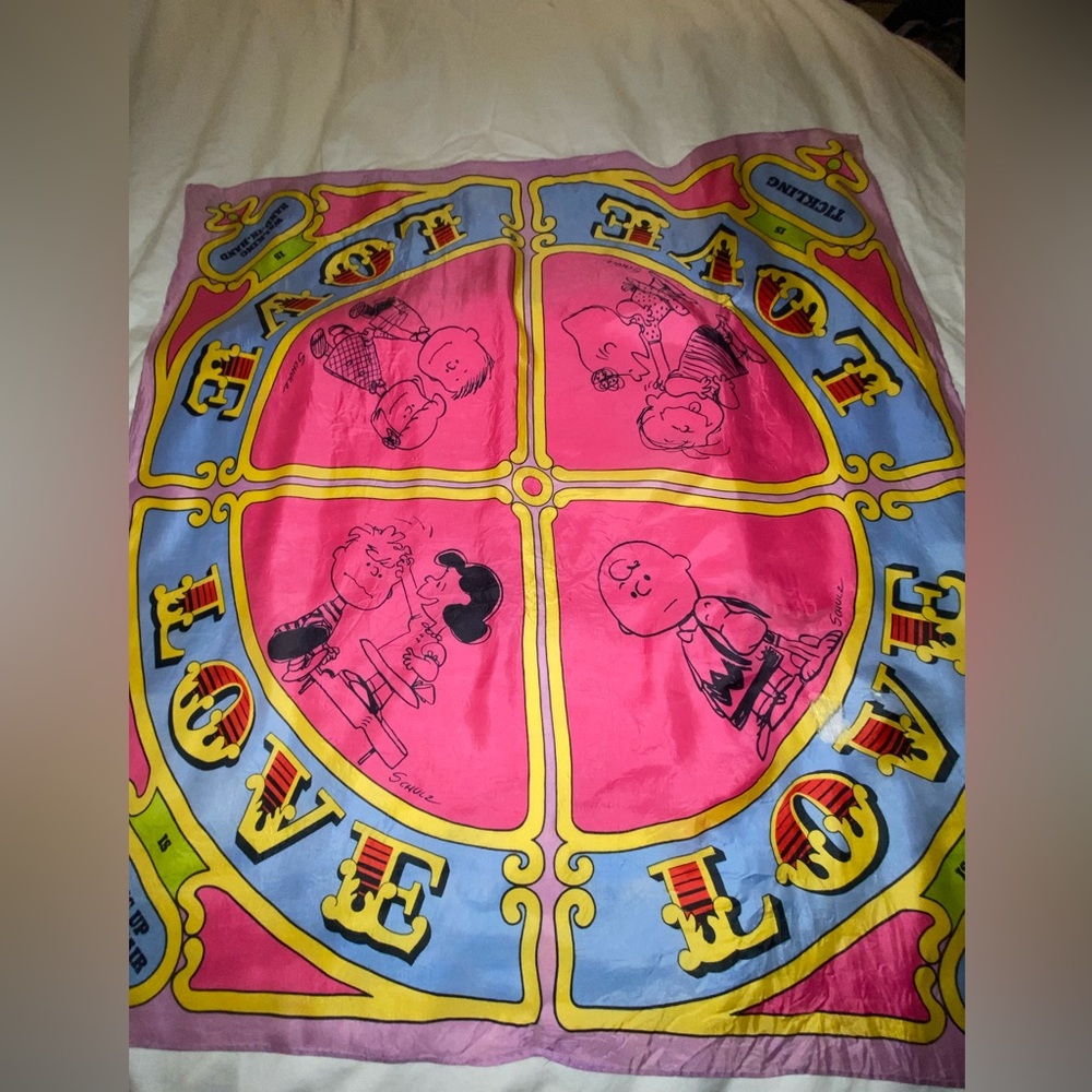 Vintage Charles Shultz Peanut Caricatures Vibrant Silk Scarf got a few ripped